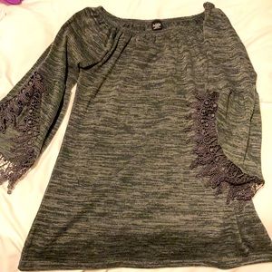 Grey off-shoulders top with lace bell sleeves